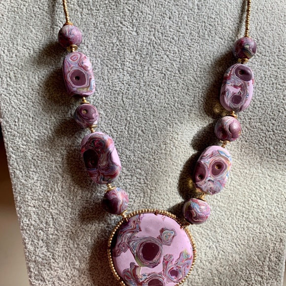 Handmade Polymer Clay Necklace Purple Swirl OOAK - Picture 11 of 15